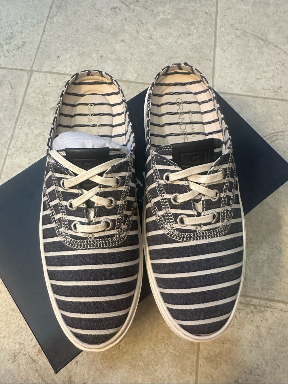Cole Haan GrandPro Women's 7B Shoes Blue White Striped Slip-On Mules Canvas